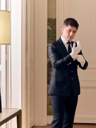 Un intendant de maison en train d'ajuster ses gants avant de commencer son service